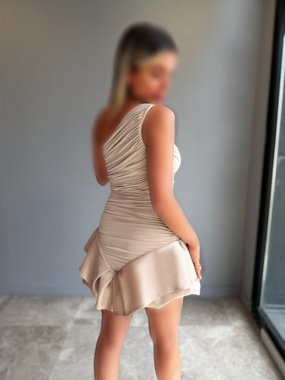 One-Shoulder Ruched Bubble Hem Mini Dress