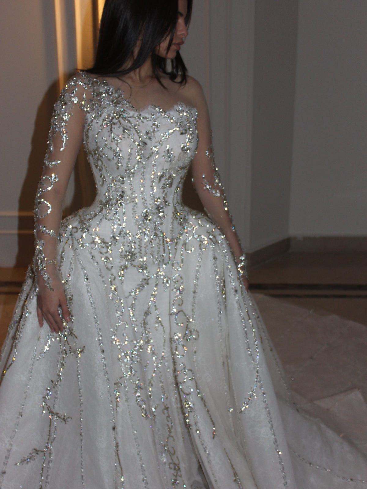 Sequined Long Sleeve Wedding Dress with Overskirt