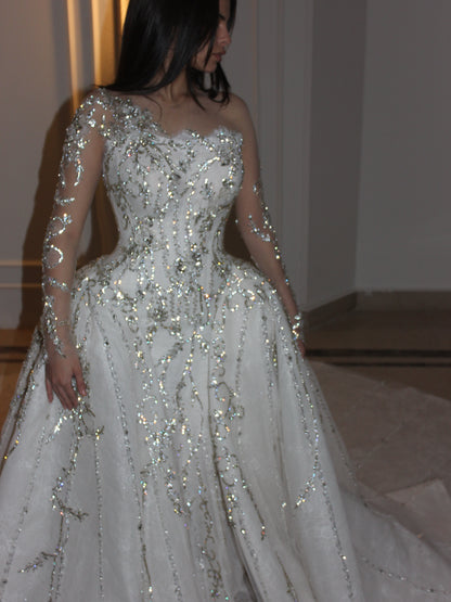 Sequined Long Sleeve Wedding Dress with Overskirt