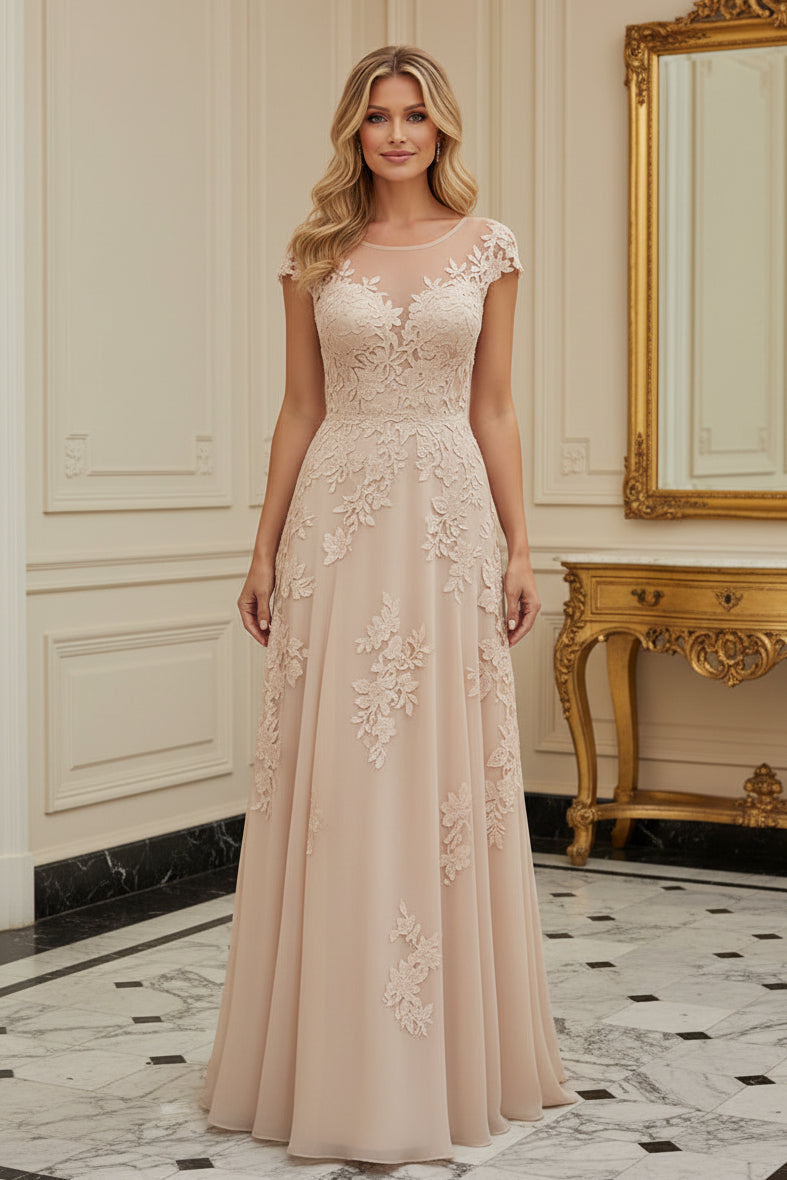 Floral Lace Illusion A-Line Formal Gown with Cap Sleeves