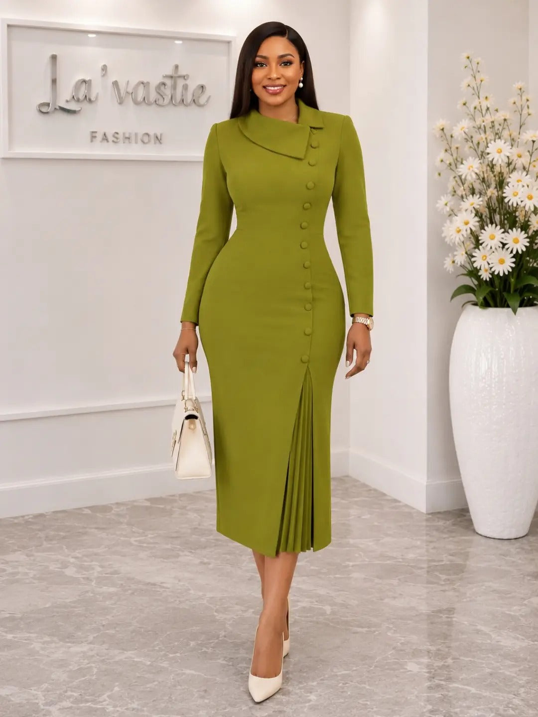 Asymmetric Lapel Midi Sheath Dress with Pleated Slit
