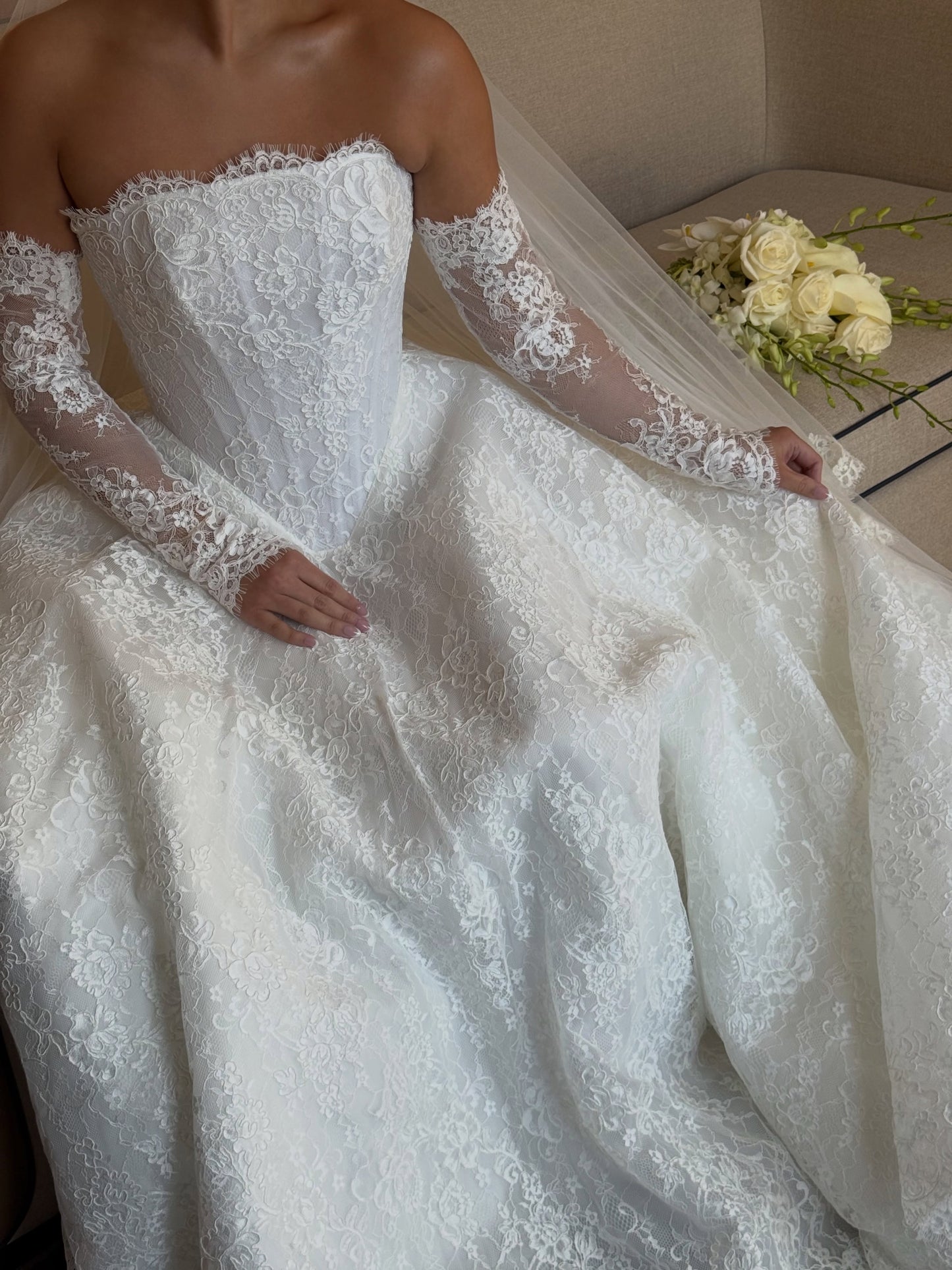 Strapless Lace Ball Gown Wedding Dress with Sleeves