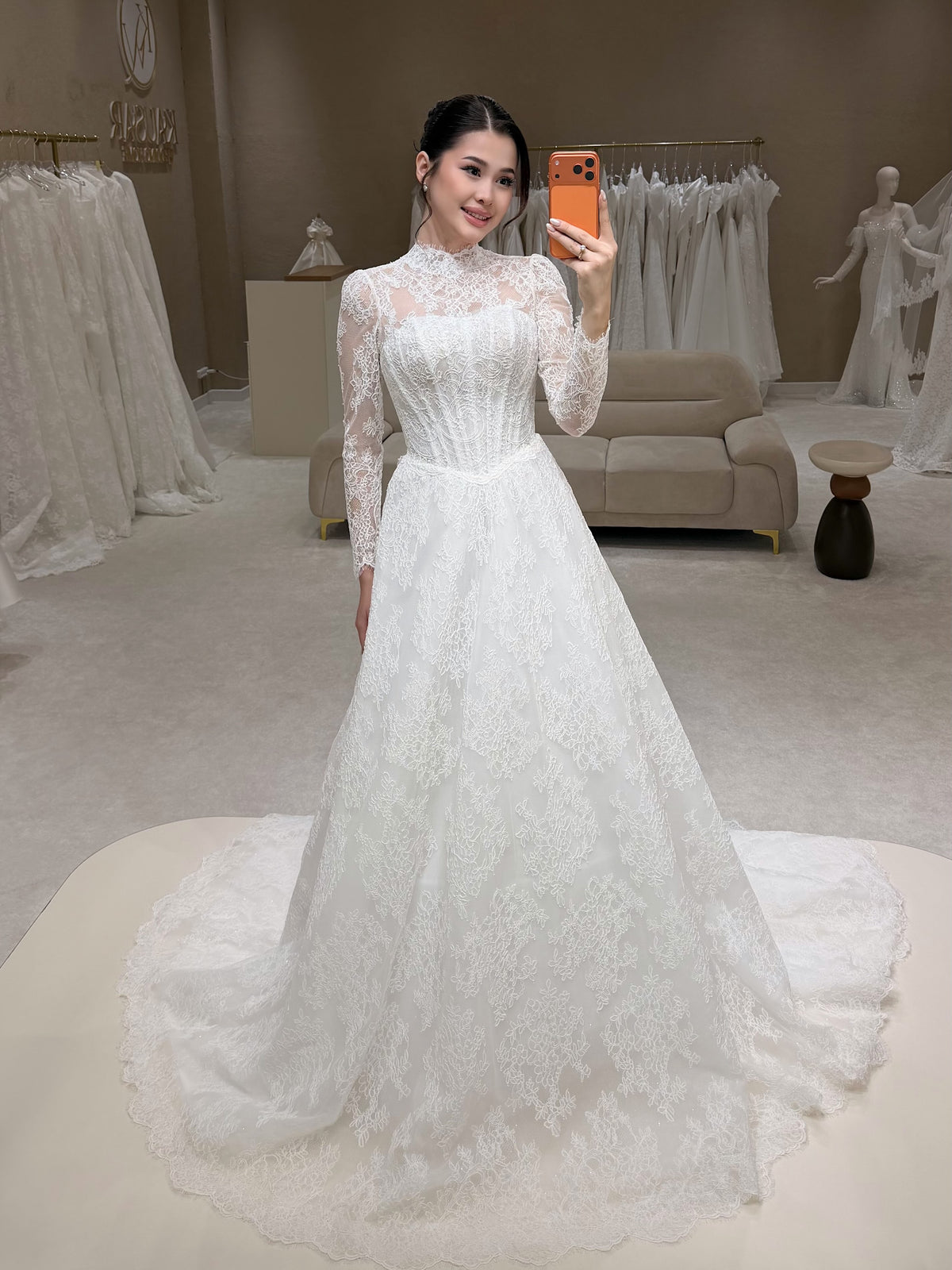 Lace High Neck Long Sleeve Corset Ball Gown Wedding Dress