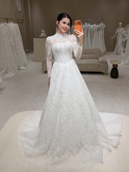 Lace High Neck Long Sleeve Corset Ball Gown Wedding Dress