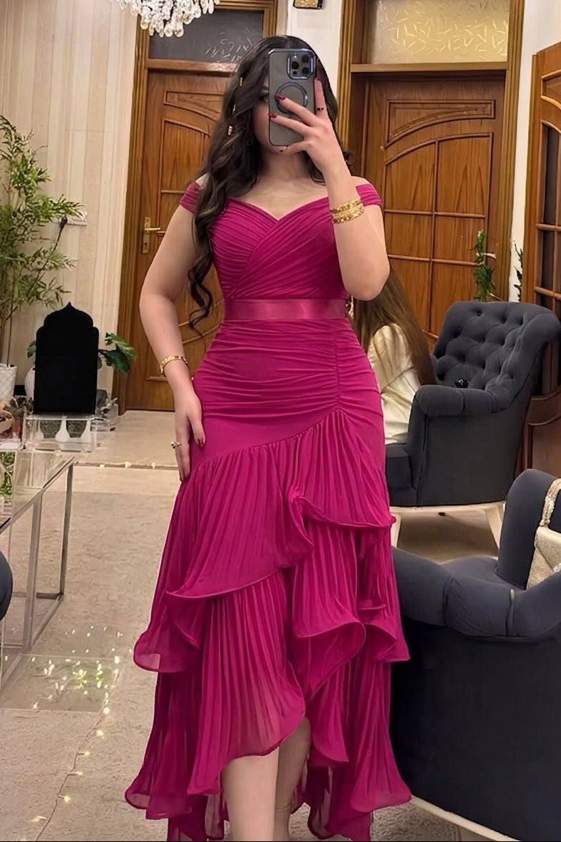 Off-Shoulder Pleated Ruffle Evening Dress