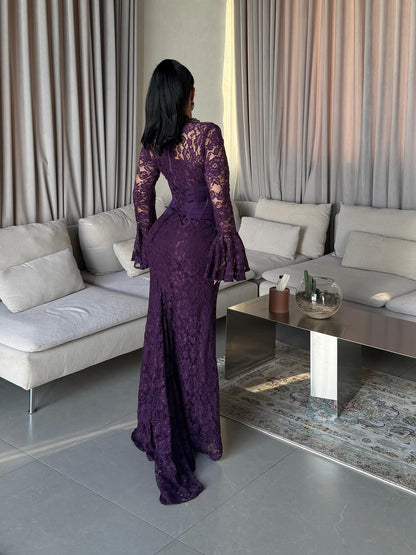 High-Neck Lace Maxi Dress with Corset Waist
