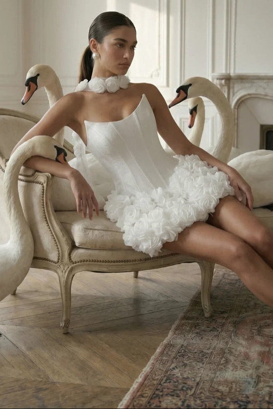 3D Floral Corset Bubble Mini Wedding Dress