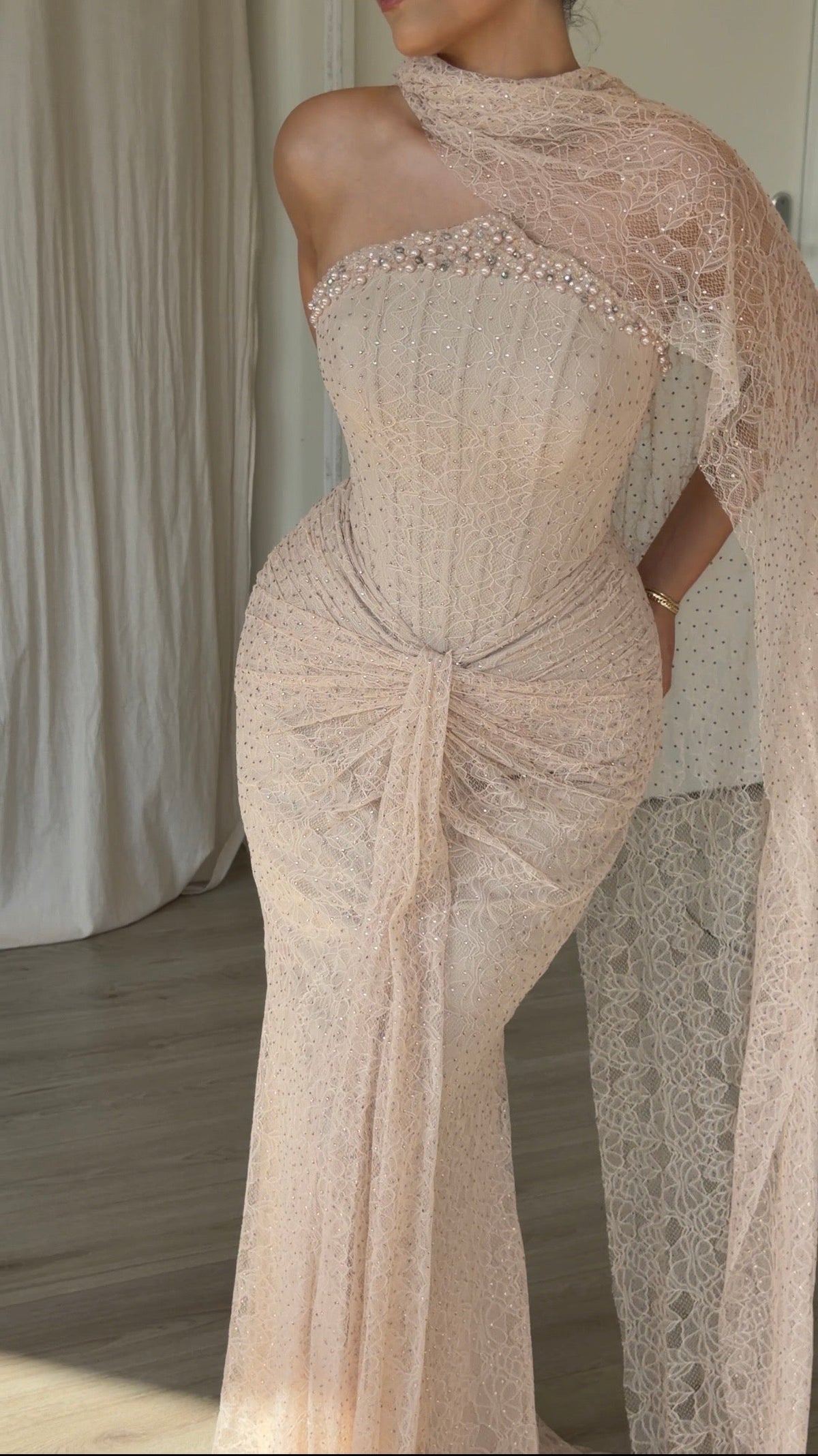 Corset Lace Gown with One-Shoulder Cape Drape