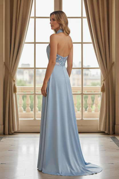Floral Sequin Sheath Gown with Crisscross Halter Neck
