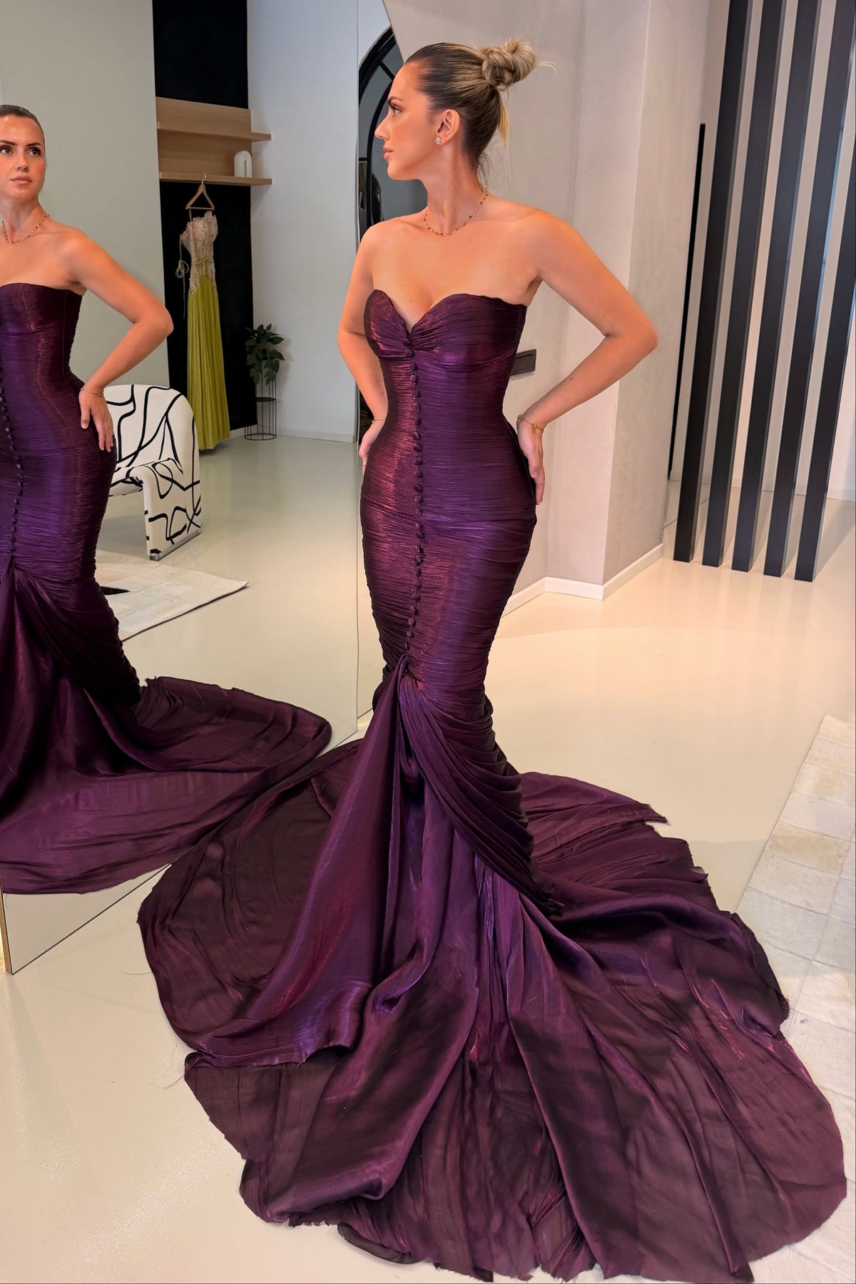 Ruched Mermaid Gown with Covered Buttons
