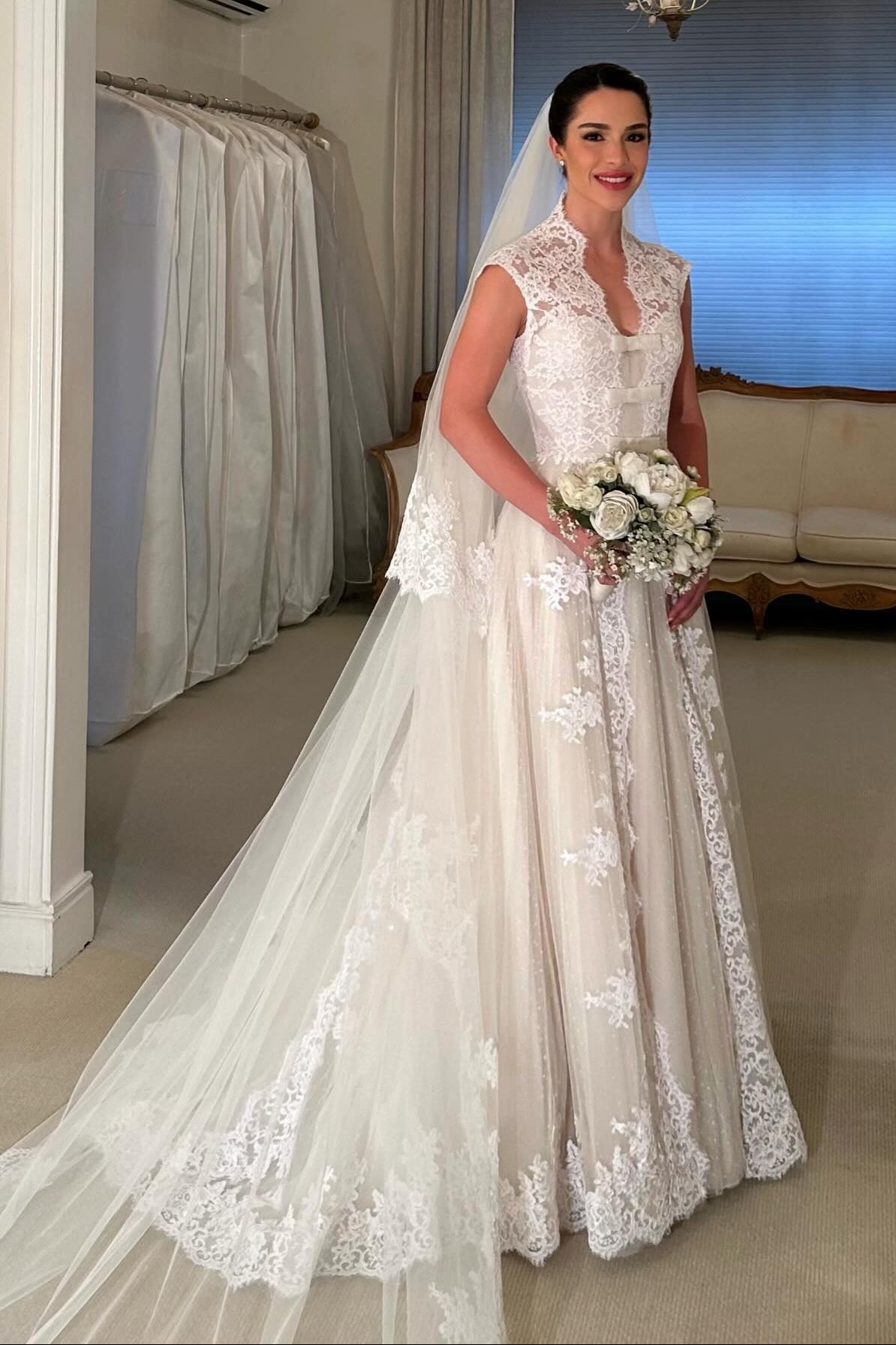Lace High Neck A-Line Wedding Dress with Train