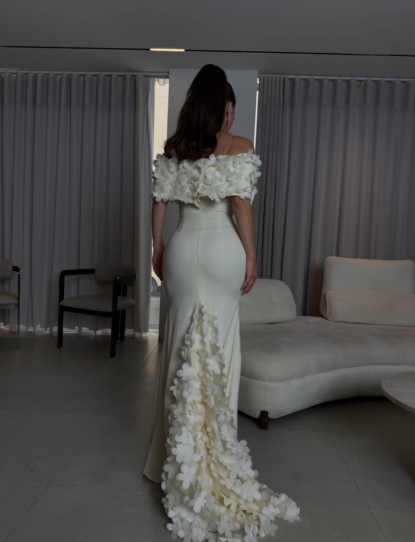 Off-the-Shoulder 3D Floral Crepe Evening Gown
