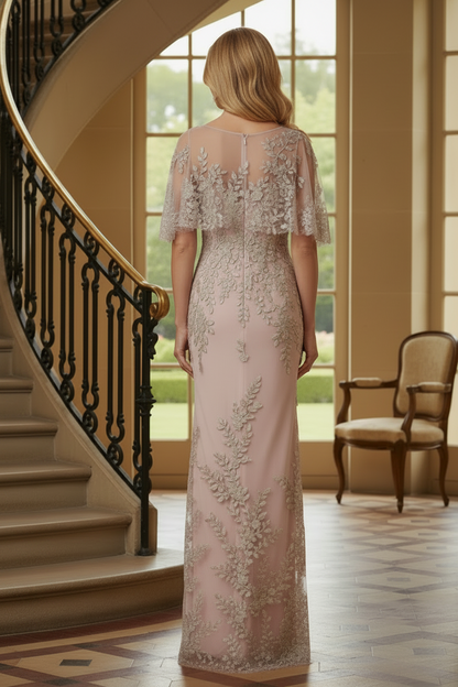 Illusion Lace Cape Sheath Evening Gown