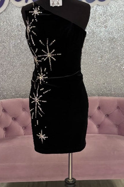One Shoulder Velvet Mini Dress with Star Rhinestones