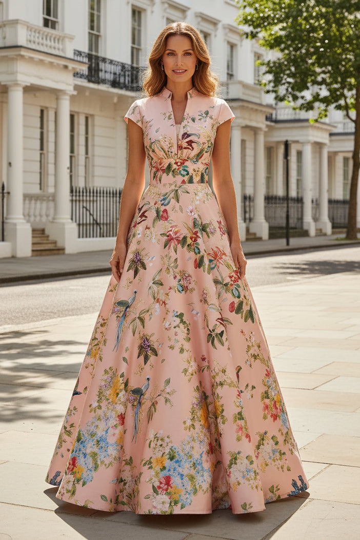Floral Print A-Line Evening Gown with Cap Sleeves