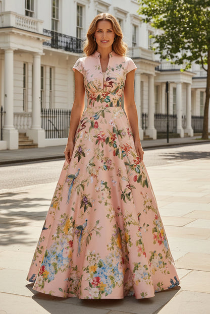 Floral Print A-Line Evening Gown with Cap Sleeves