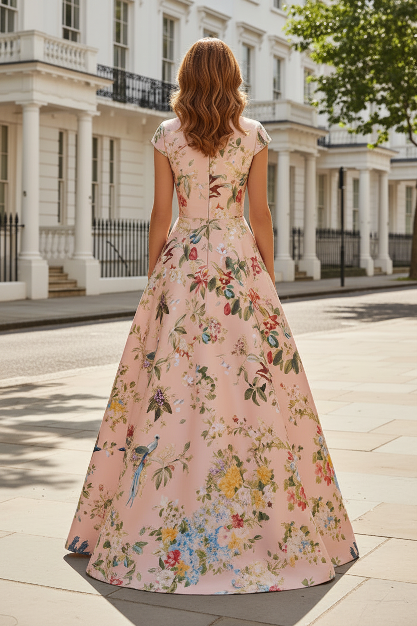 Floral Print A-Line Evening Gown with Cap Sleeves