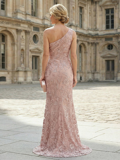 One-Shoulder Embroidered Lace Evening Gown