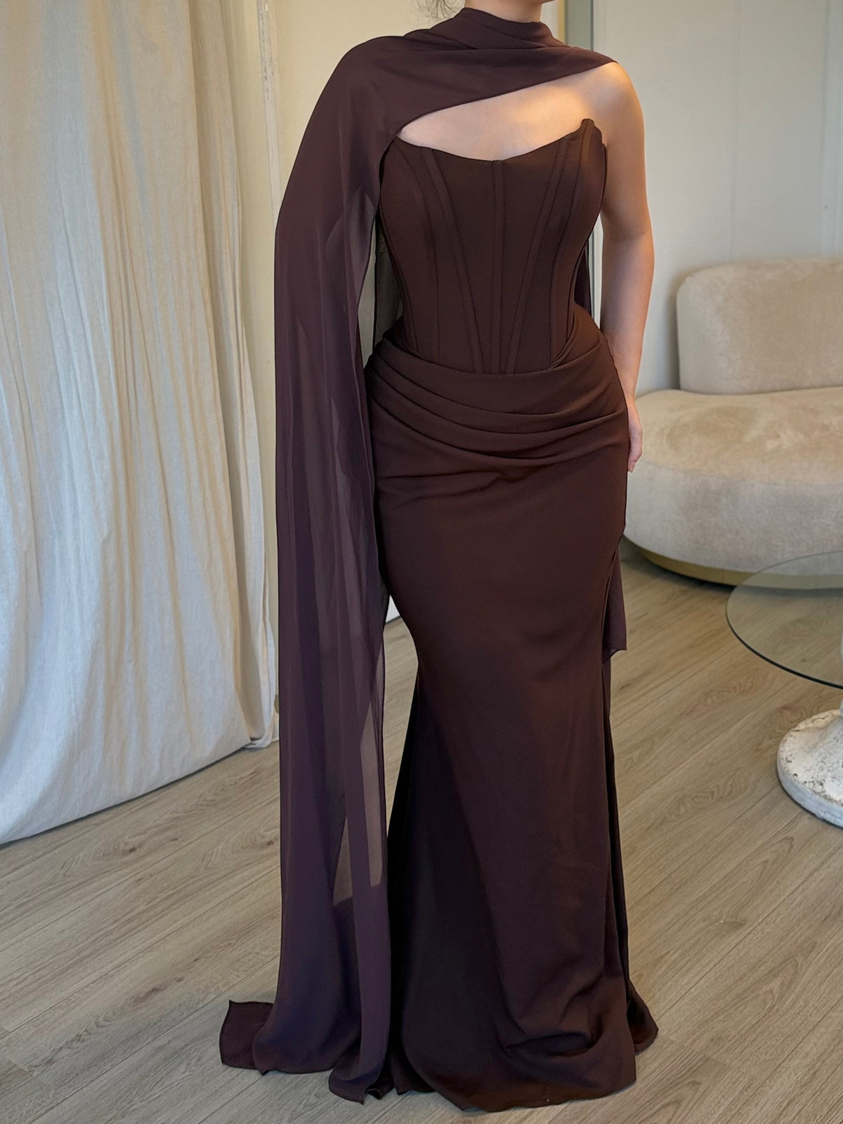 Corset Mermaid Evening Gown with Draped Cape
