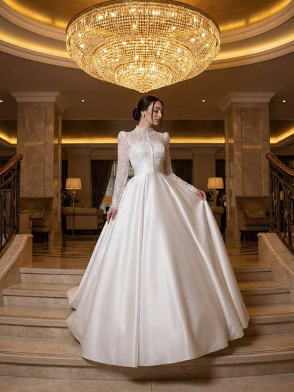 High Neck Lace Long Sleeve Satin A-Line Wedding Dress