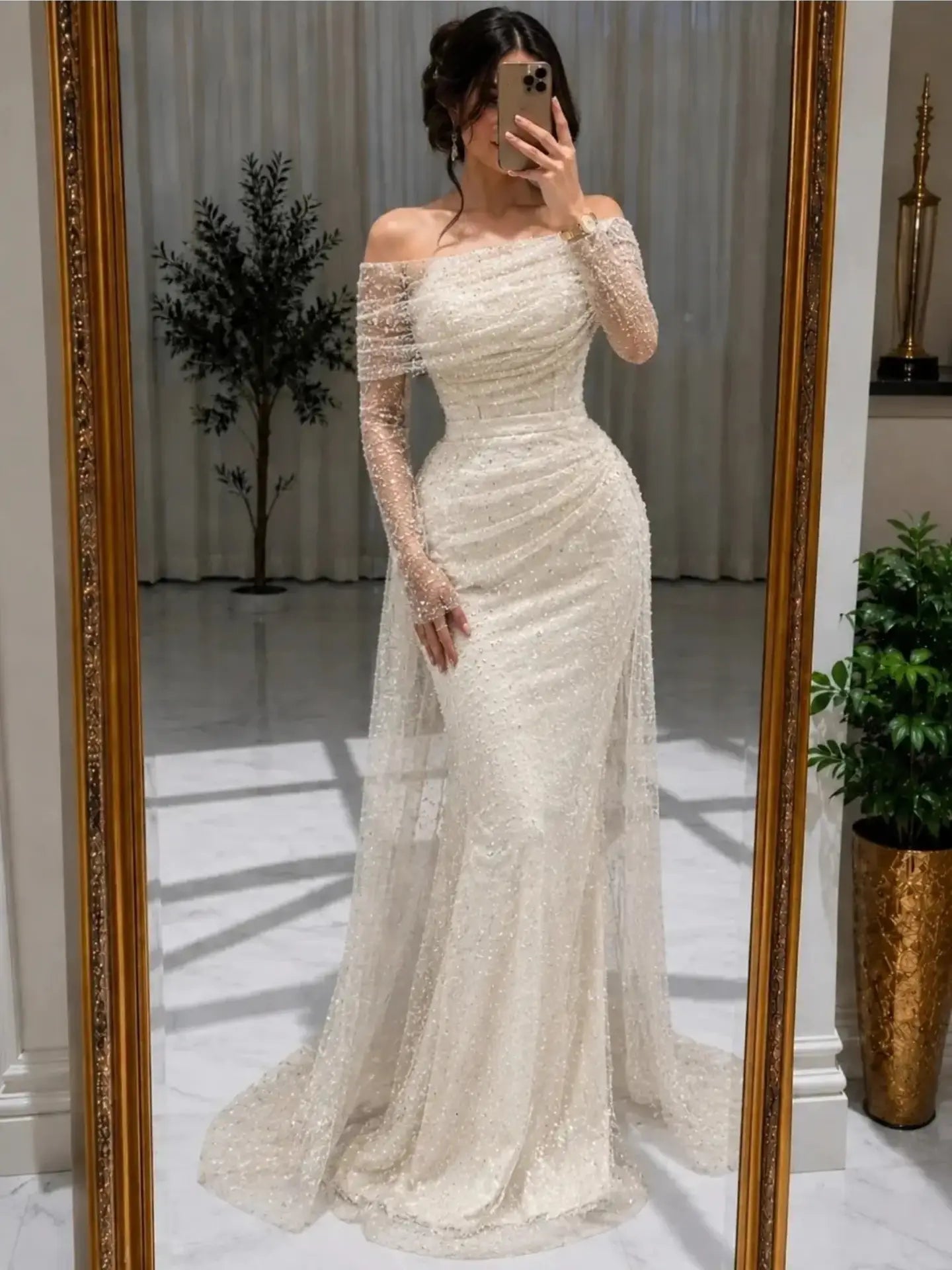 Off-the-Shoulder Glitter Ruched Evening Gown