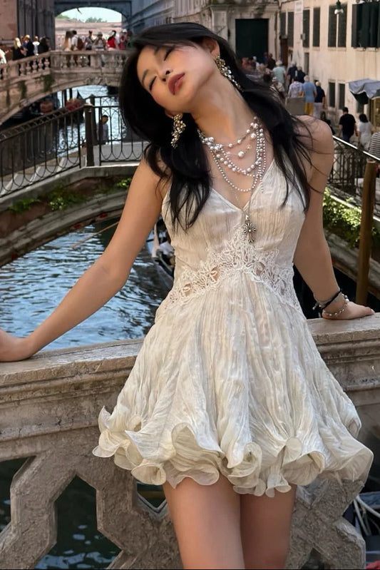 Ruffled Lace Backless Mini Dress with Spaghetti Straps