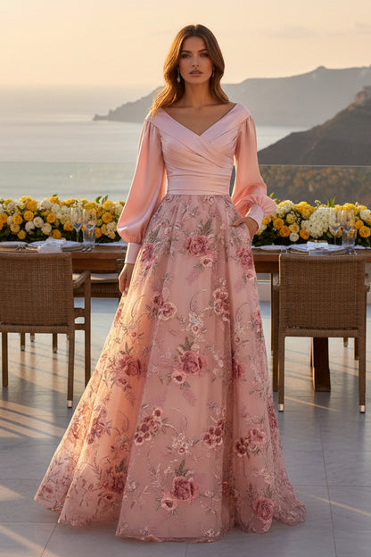 Pleated V-Neck Floral Embroidered A-Line Evening Gown