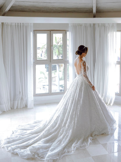 Long Sleeve Sequin Ball Gown Wedding Dress with Train