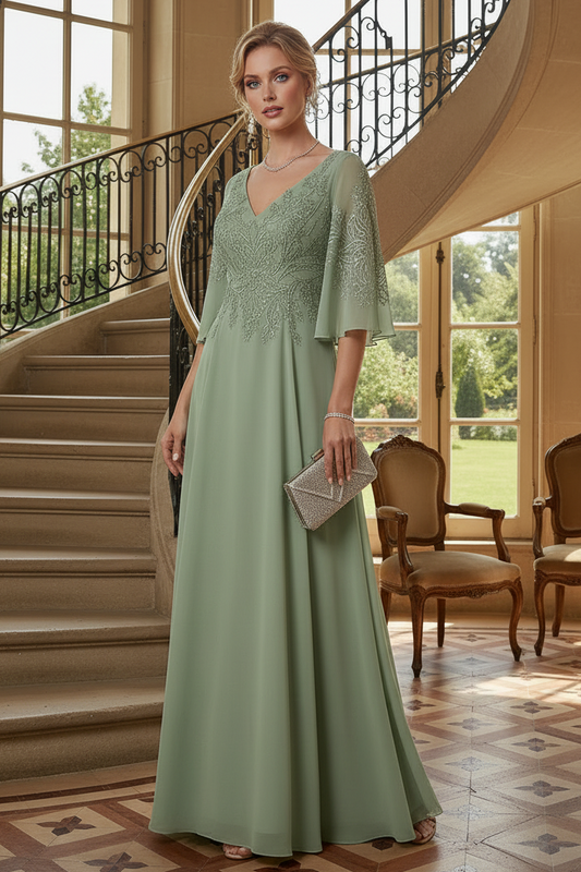 V-Neck Embroidered Chiffon Gown with Flutter Sleeves