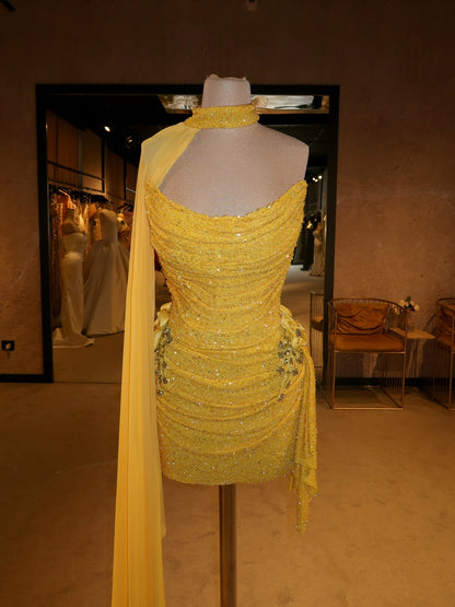 Beaded Ruched Bodycon Mini Dress with Cape
