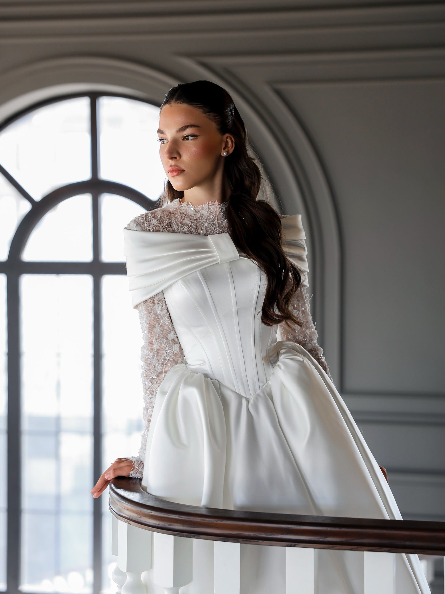 Lace High-Neck Ball Gown Wedding Dress with Train