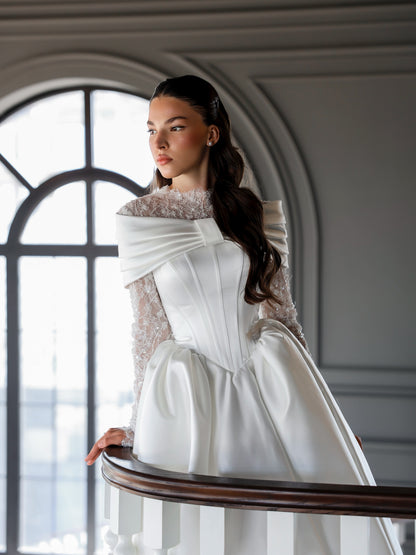 Lace High-Neck Ball Gown Wedding Dress with Train