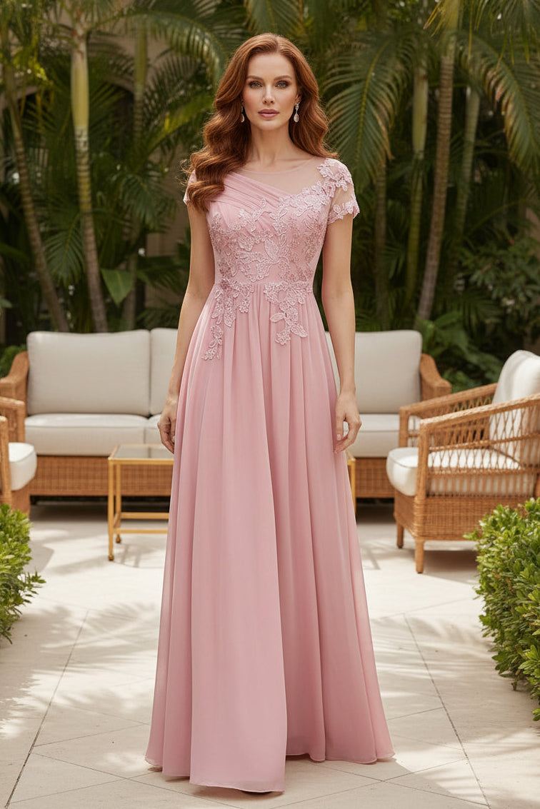 Illusion Lace Cap-Sleeve A-Line Chiffon Evening Gown