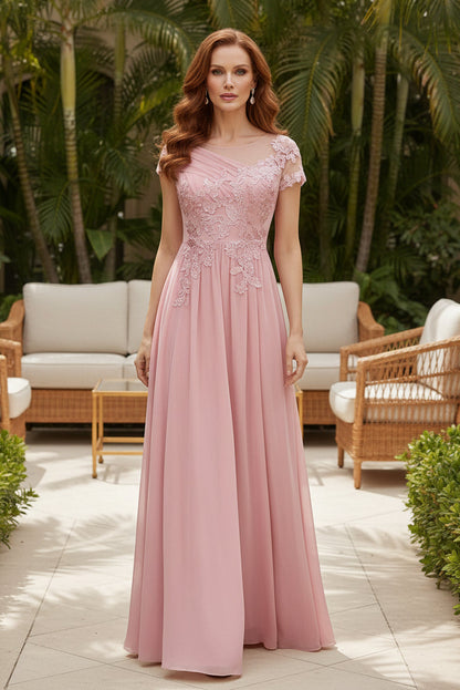 Illusion Lace Cap-Sleeve A-Line Chiffon Evening Gown