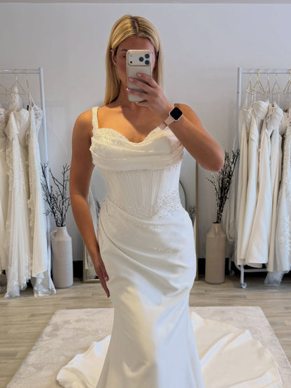 Pearl-Beaded Corset Wedding Dress with Cowl Neck