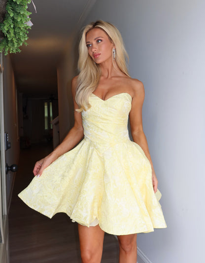 Strapless Jacquard Fit-and-Flare Homecoming Mini Dress