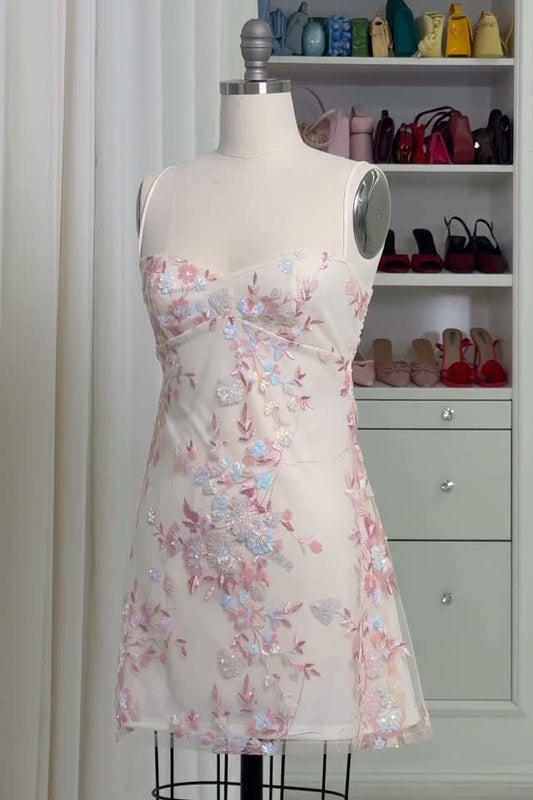 Floral Sequin Mesh Mini Dress