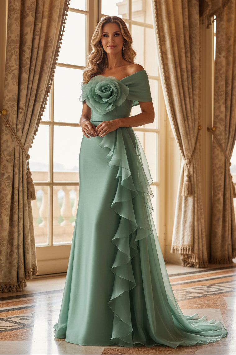 Off-the-Shoulder Rose Detail Ruffle Gown