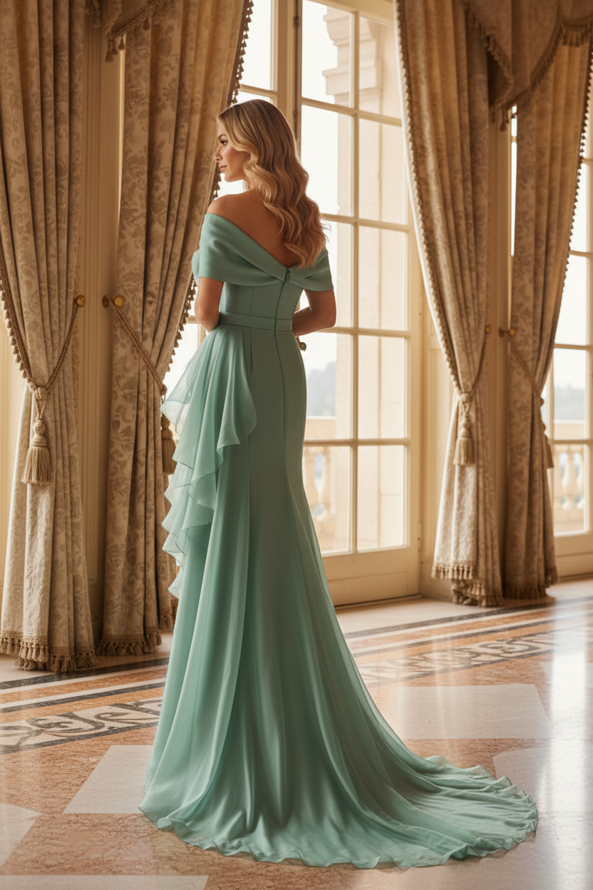 Off-the-Shoulder Rose Detail Ruffle Gown