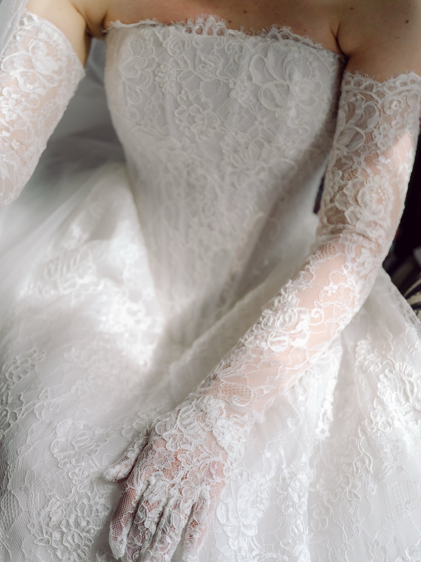 Strapless Lace Ball Gown Wedding Dress with Long Train