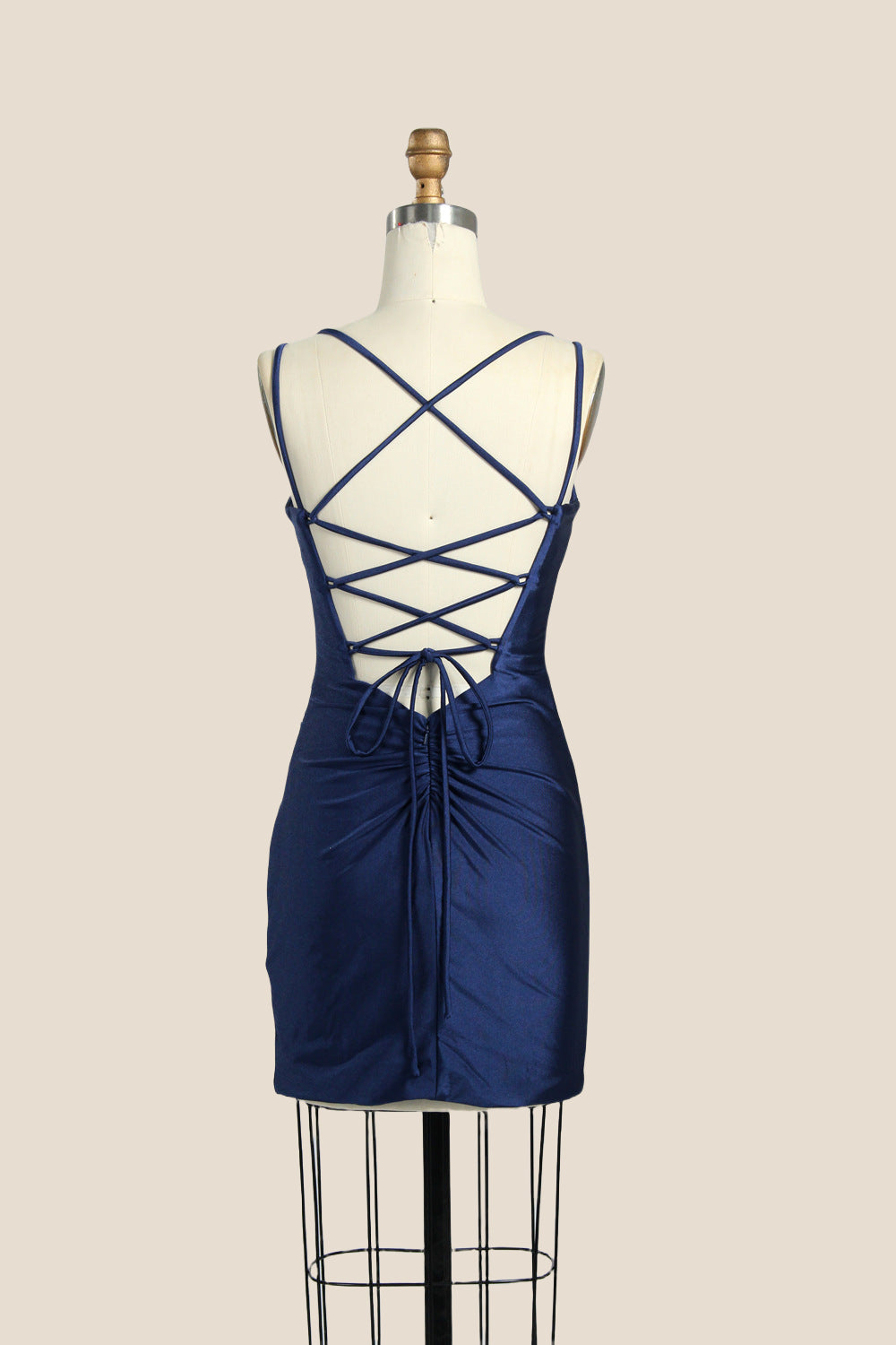 Cowl Neck Ruched Mini Dress with Lace-Up Back