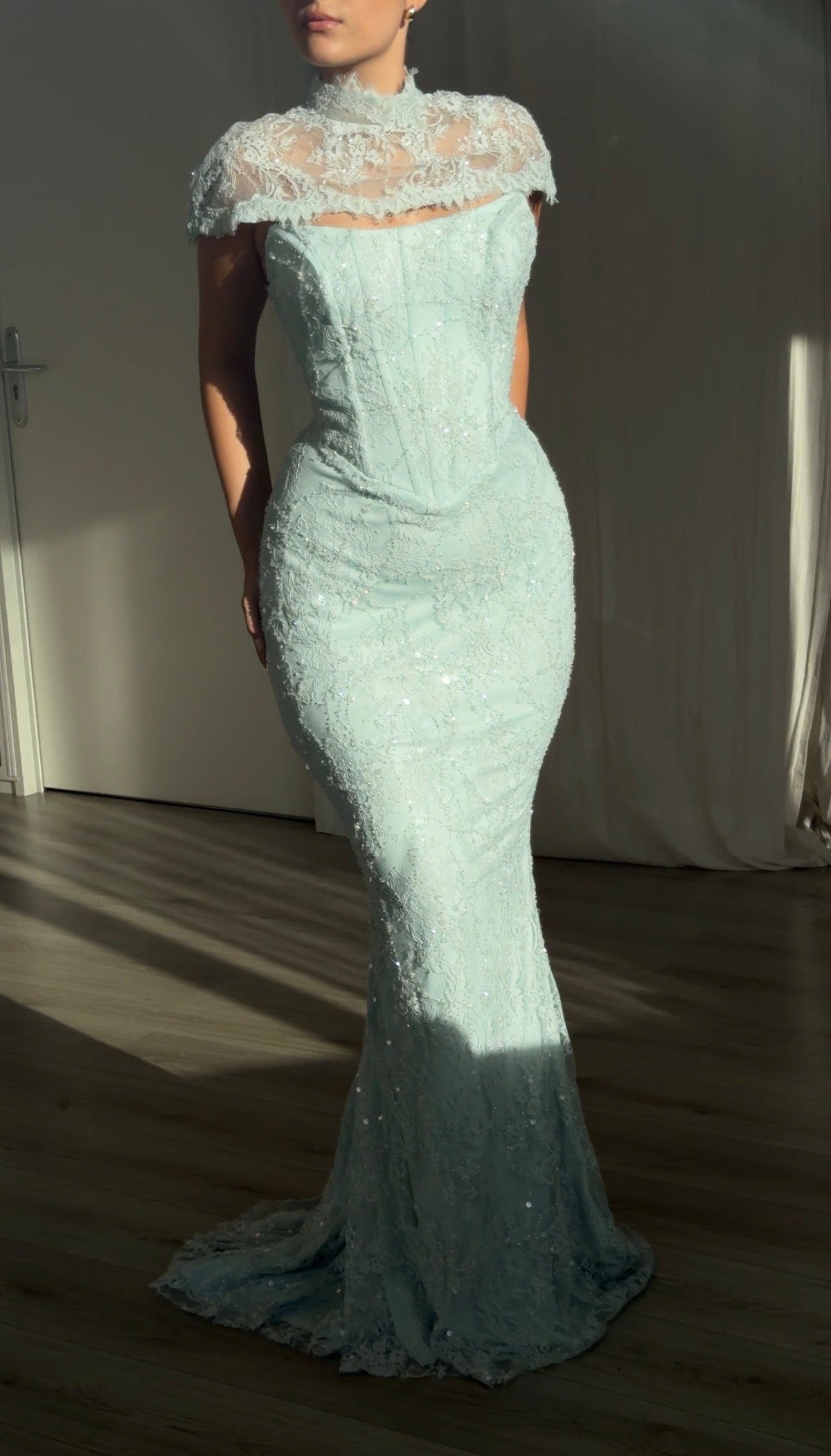 Lace Sequin Mermaid Gown with Corset & Mock Cape