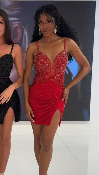 Deep V-Neck Sequin Mini Dress with Slit