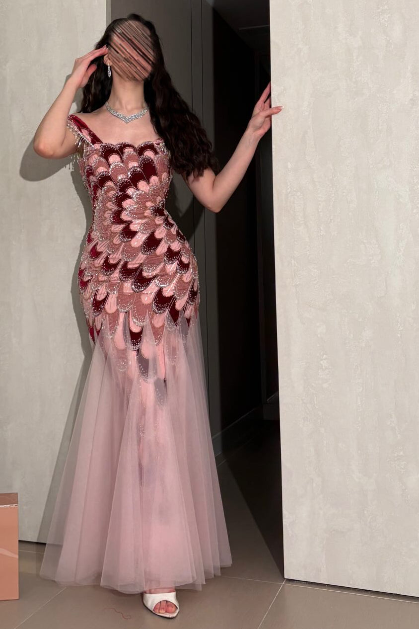 Scallop Appliqué Mermaid Evening Gown with Tulle Skirt