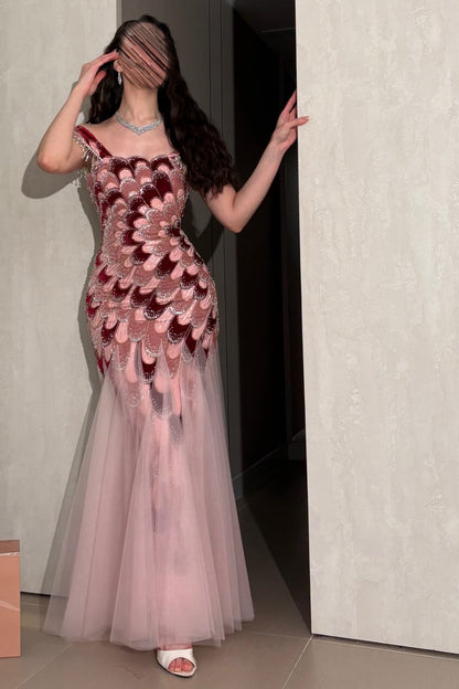 Scallop Appliqué Mermaid Evening Gown with Tulle Skirt