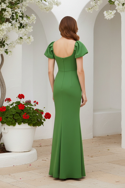 Puff Sleeve Mermaid Evening Gown with Crystal Detail