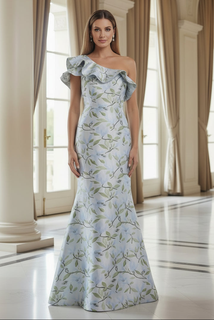 One Shoulder Ruffle Floral Jacquard Evening Gown