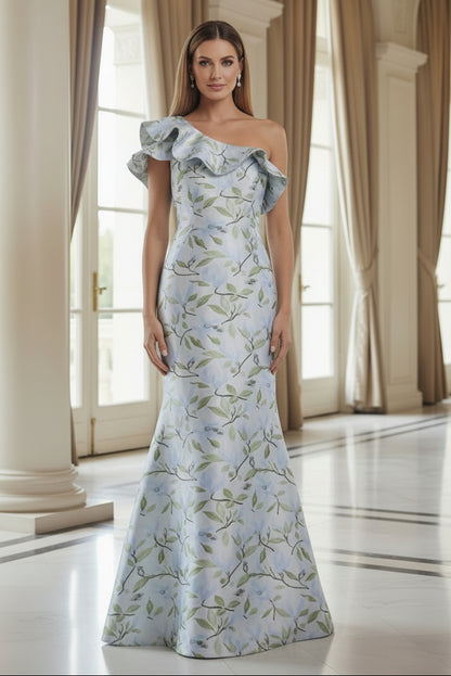 One Shoulder Ruffle Floral Jacquard Evening Gown