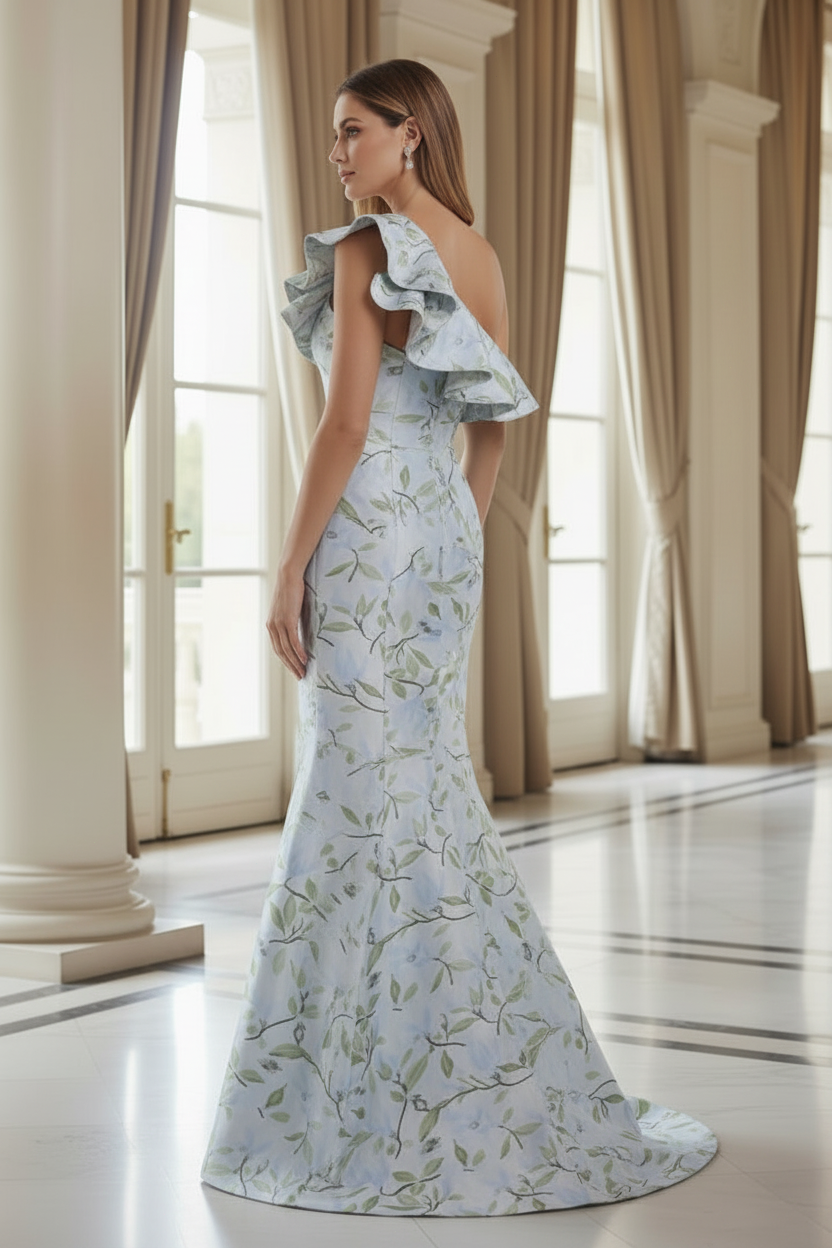 One Shoulder Ruffle Floral Jacquard Evening Gown