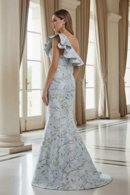 One Shoulder Ruffle Floral Jacquard Evening Gown